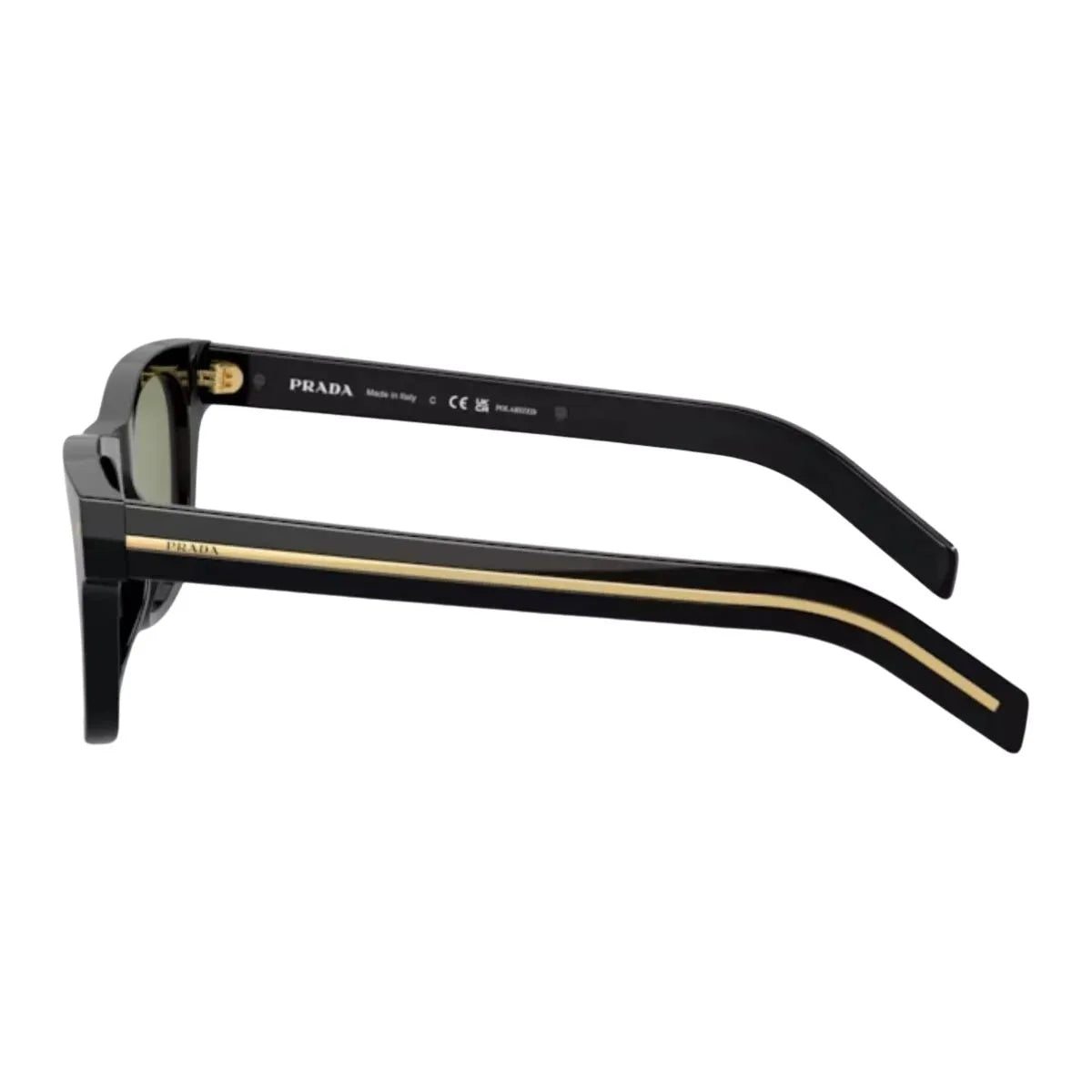 Luxury Prada sunglasses for men featuring SPR A17 16K-20G design, bold black frame, and polarized lenses, making these men’s Prada shades a must-have fashion accessory at optorium.