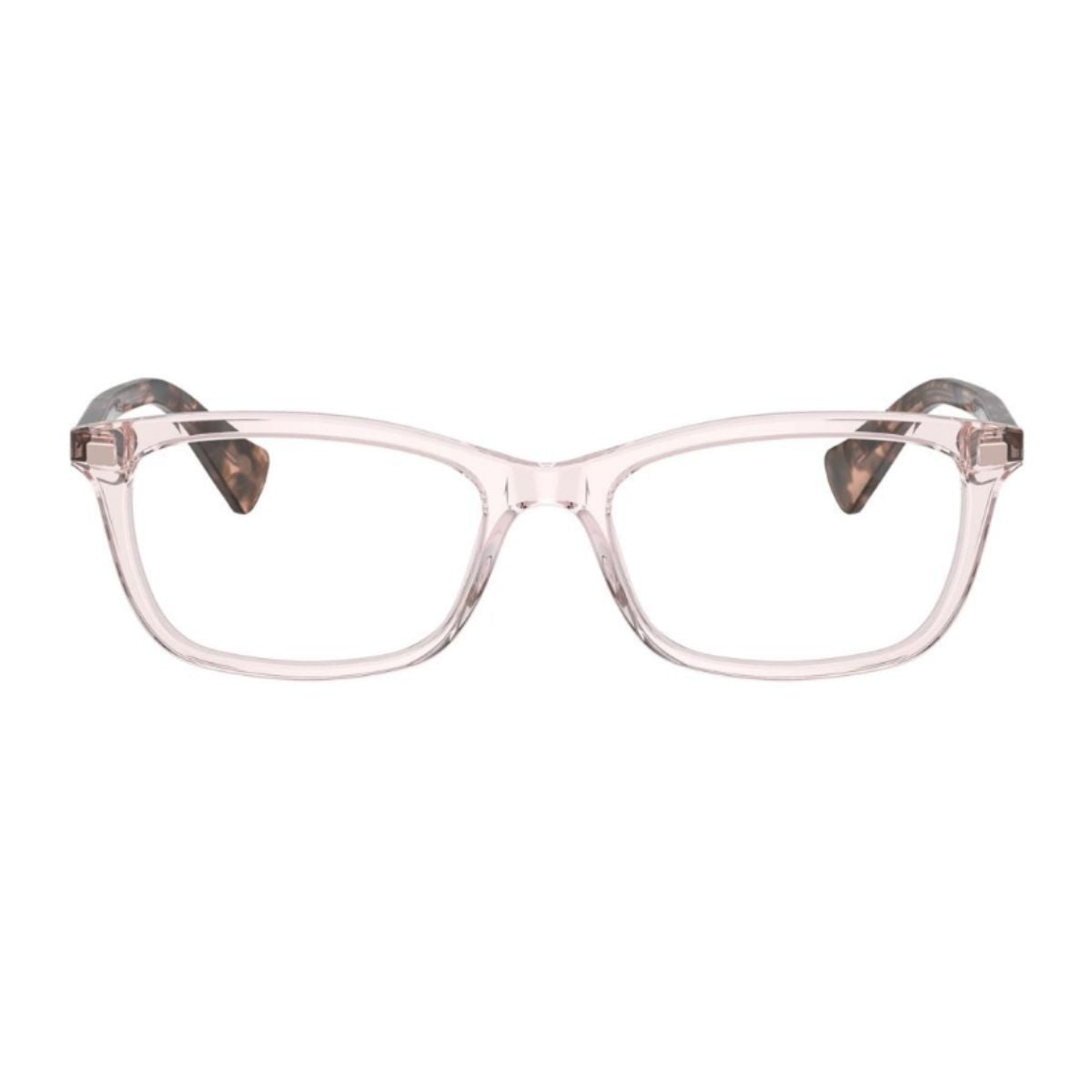 Ralph Lauren Optical Frame RA7089 6190 – Elegant transparent pink rectangle frame for women. Lightweight acetate full-rim design for style & comfort. Shop online at Optorium.