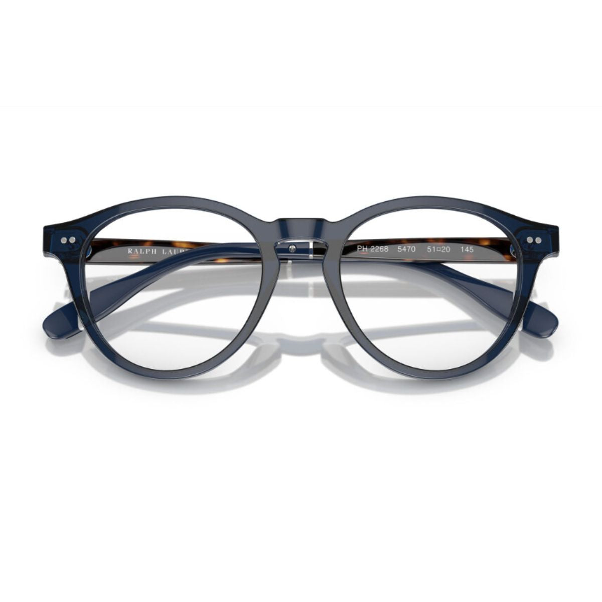 Experience luxury eyewear with Ralph Lauren Polo PH 2268 5470, a trendy round-shaped frame in shiny blue, perfect for prescription lenses, available online at Optorium.