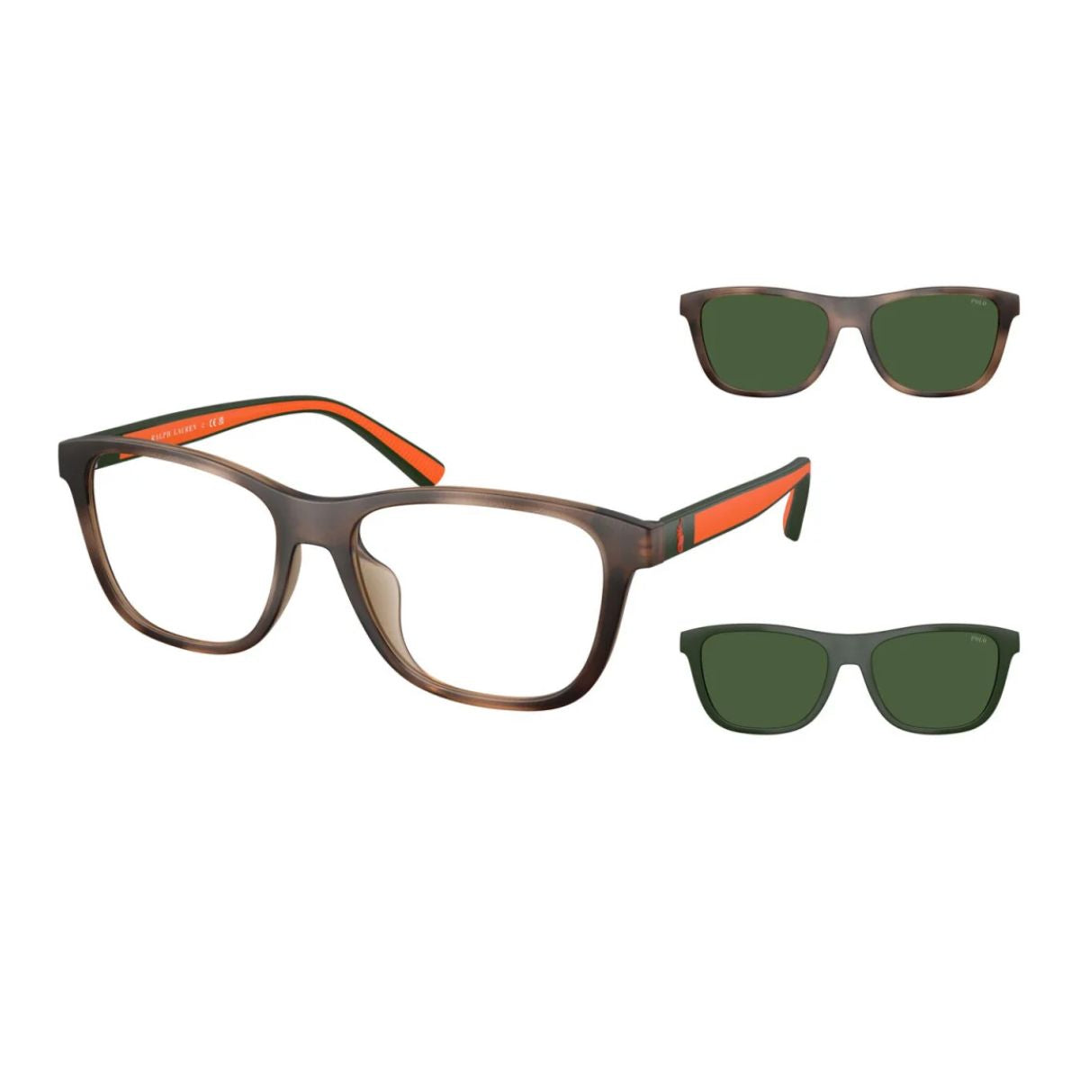 Top-rated Ralph Lauren Polo PH4228U 6070/71 clip-on sunglasses with square Havana frame and UV blocking lenses—perfect for men’s eyewear at Optorium.