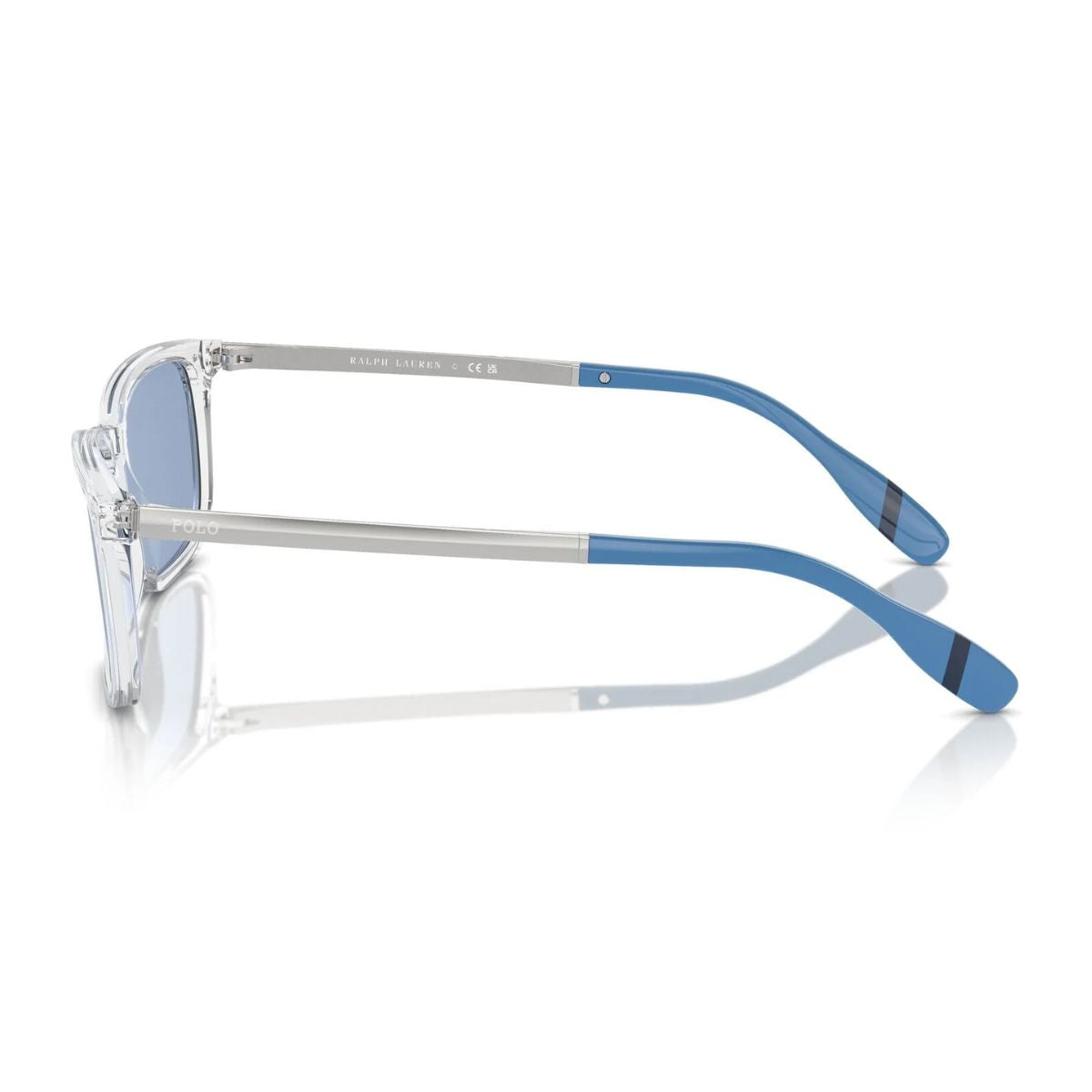 Explore Ralph Lauren Polo Sunglass PH4212 5331/72 with a sleek transparent frame and dark blue lenses, ideal for modern men who love fashion-forward eyewear online at Optorium.