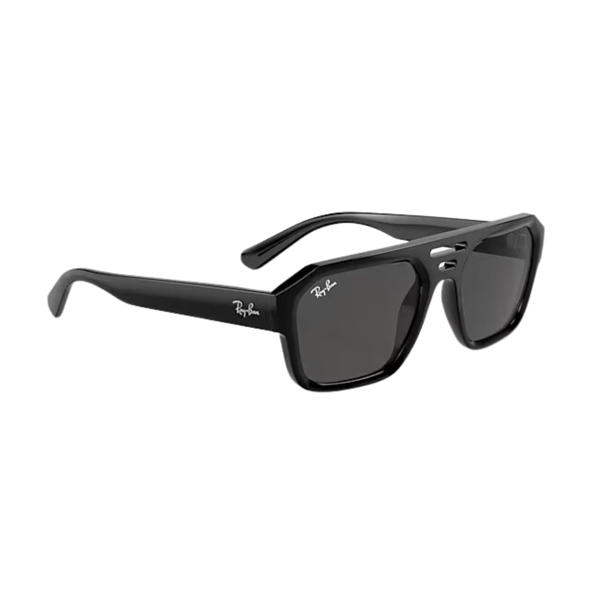 "RayBan Corrigan RB 4397 lightweight black sunglasses with dark grey UV lenses online at Optorium."
