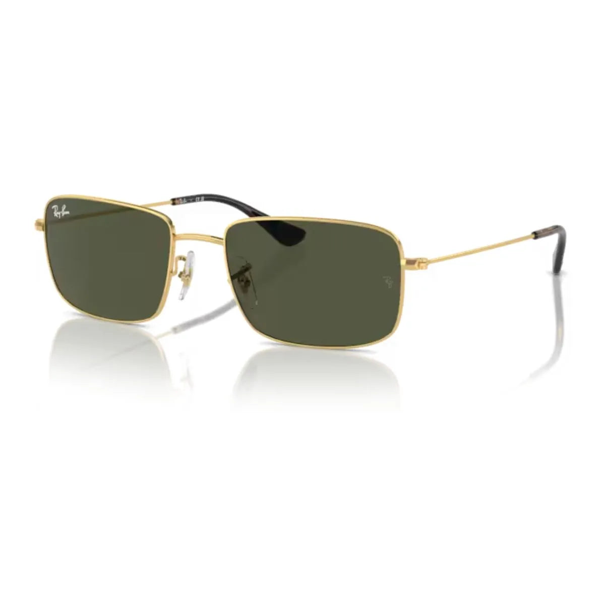 Unisex Ray-Ban premium luxury sunglasses in a sleek gold frame with a modern rectangle design, shop now online at Optorium.
