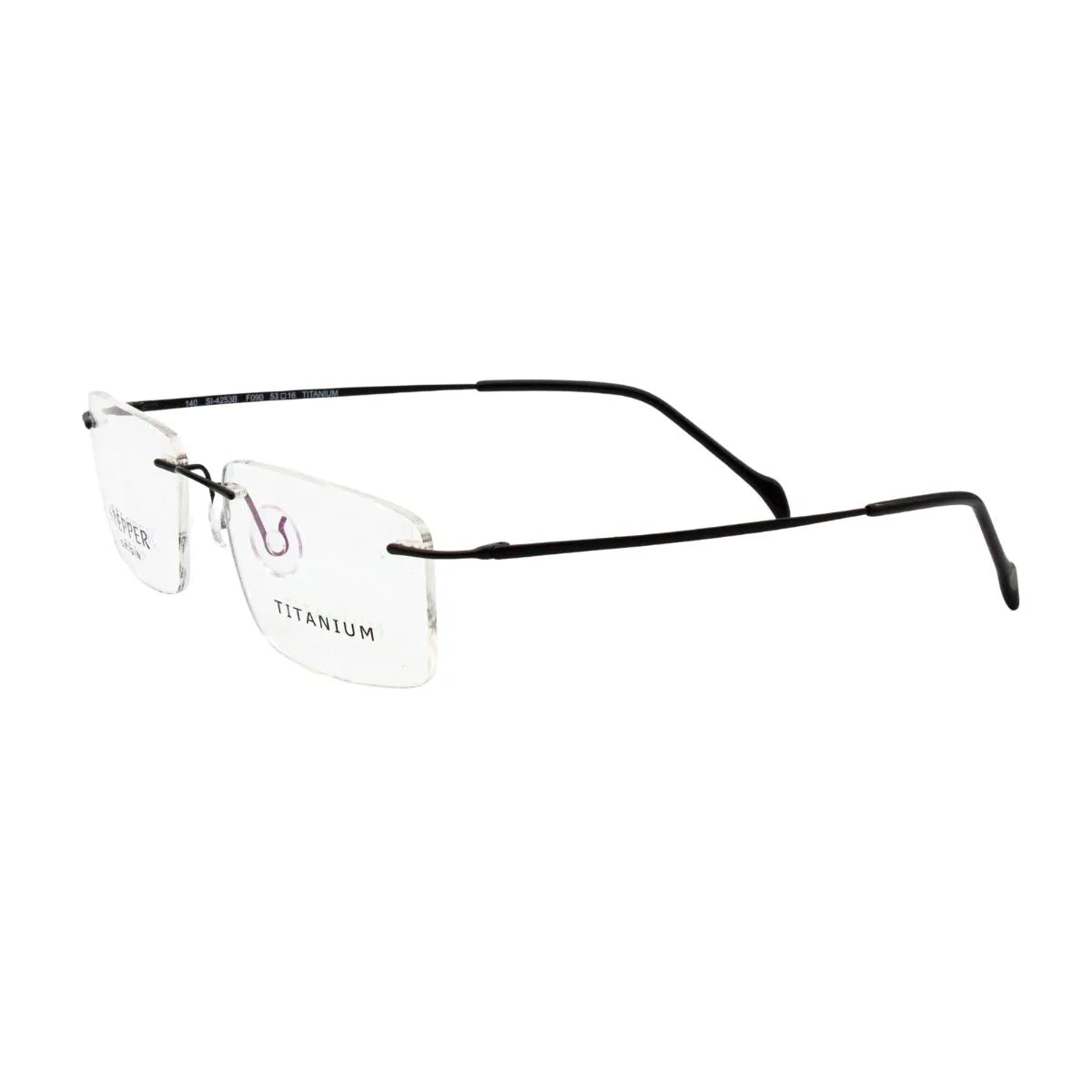 Explore Stepper Optical Frame for Men SI-4253B 090, a black titanium rimless rectangle design combining lightweight comfort and premium quality Stepper eyewear frames at Optorium.