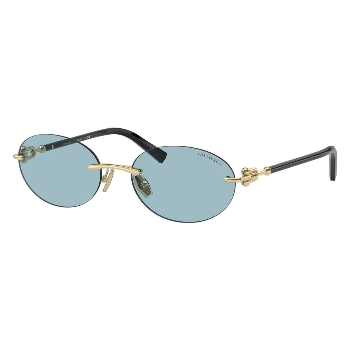 "Black and gold Tiffany & Co rimless oval sunglasses with UV-protective blue lenses."