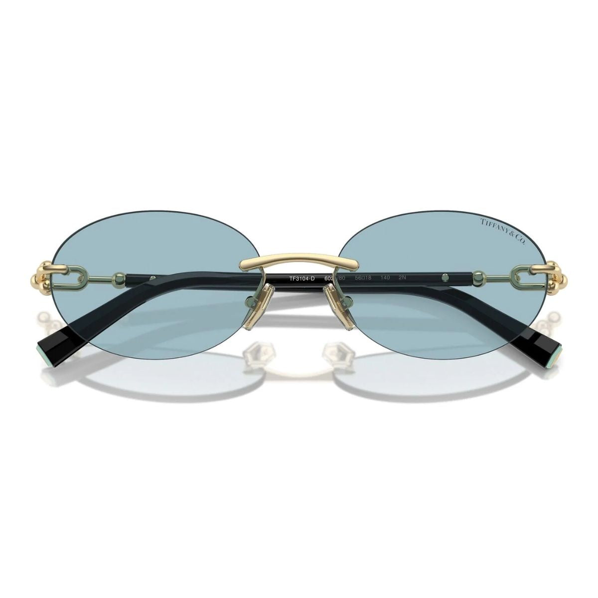 "Tiffany & Co TF 3104-D rimless sunglasses with black and gold frame and blue UV lenses."