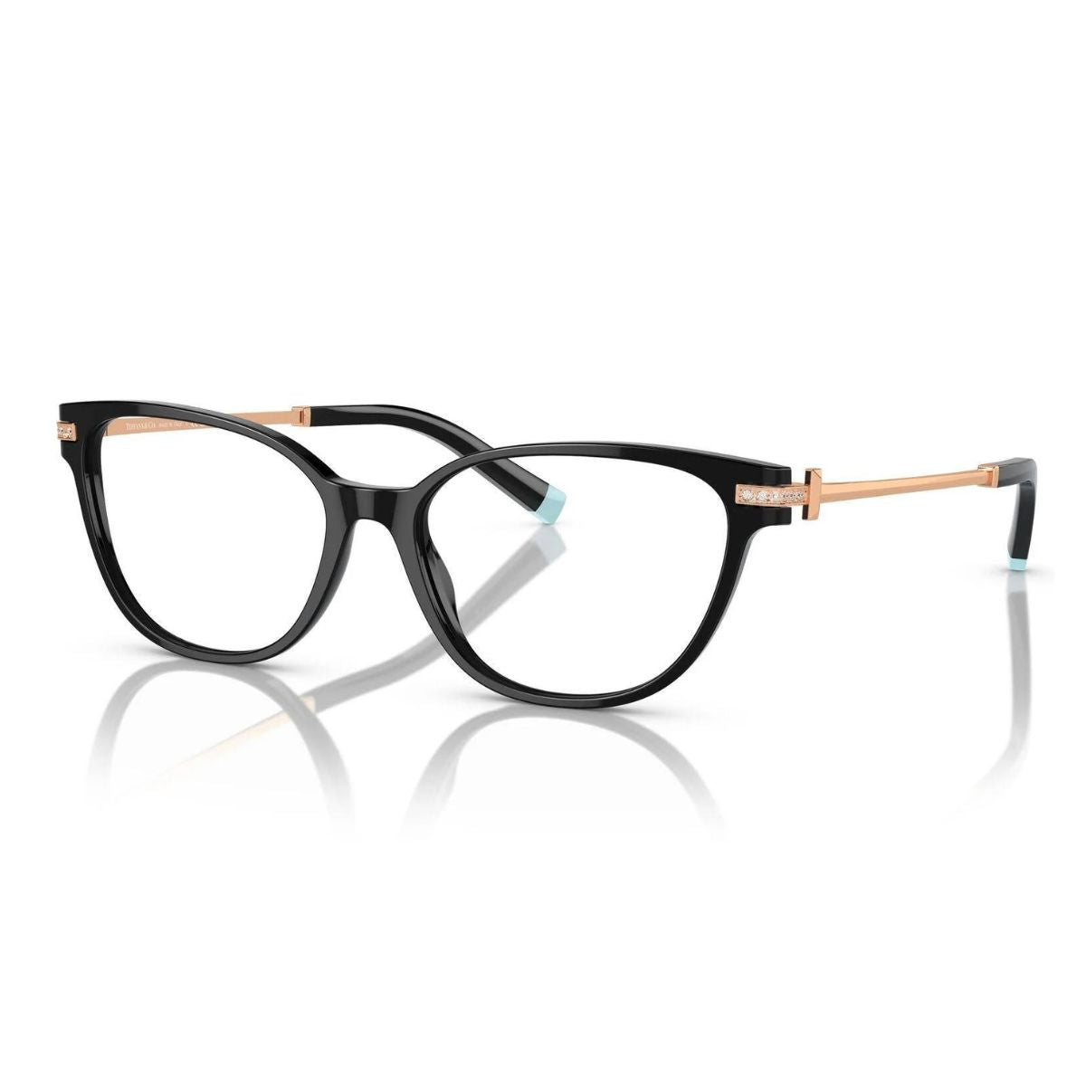 "Tiffany & Co. TF2223-B 8001: Black acetate cat-eye frame, 16mm nose bridge, 140mm arms, stylish and elegant. Optorium"