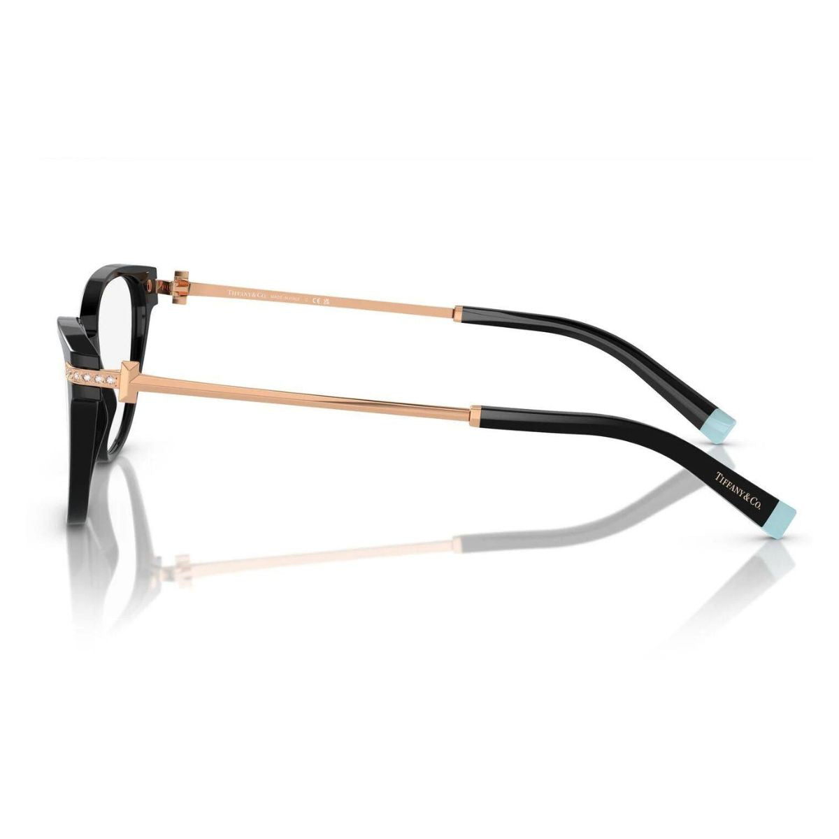 "Tiffany & Co. TF2223-B 8001: Sophisticated black acetate cat-eye frame, 140mm arms, 16mm nose bridge, luxurious. Optorium"