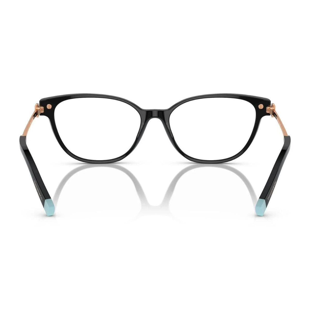 "Tiffany & Co. TF2223-B 8001: Chic black acetate cat-eye eyewear, 140mm arms, 16mm nose bridge, ideal for women. Optorium"