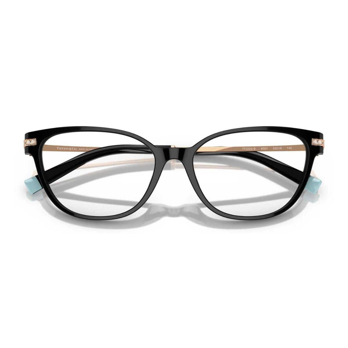 "TF2223-B 8001 by Tiffany & Co.: Black acetate cat-eye frame, lightweight at 22g, 140mm arms, elegant design. Optorium"