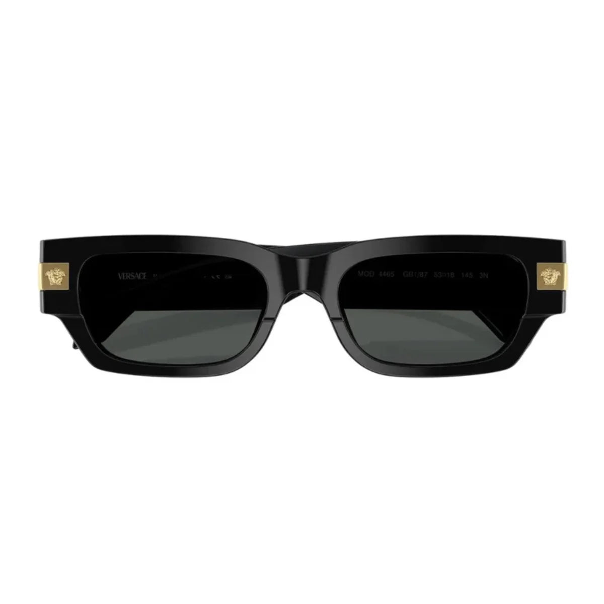 Versace men’s rectangle sunglasses 4465 GB1/87 black full frame with dark grey lenses at Optorium