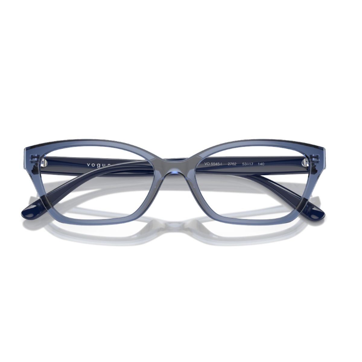 "Vogue Frame VO5545-I 2762 for women in transparent blue, cat-eye shape optical frame, stylish and lightweight, available online at Optorium Hyderabad, India."