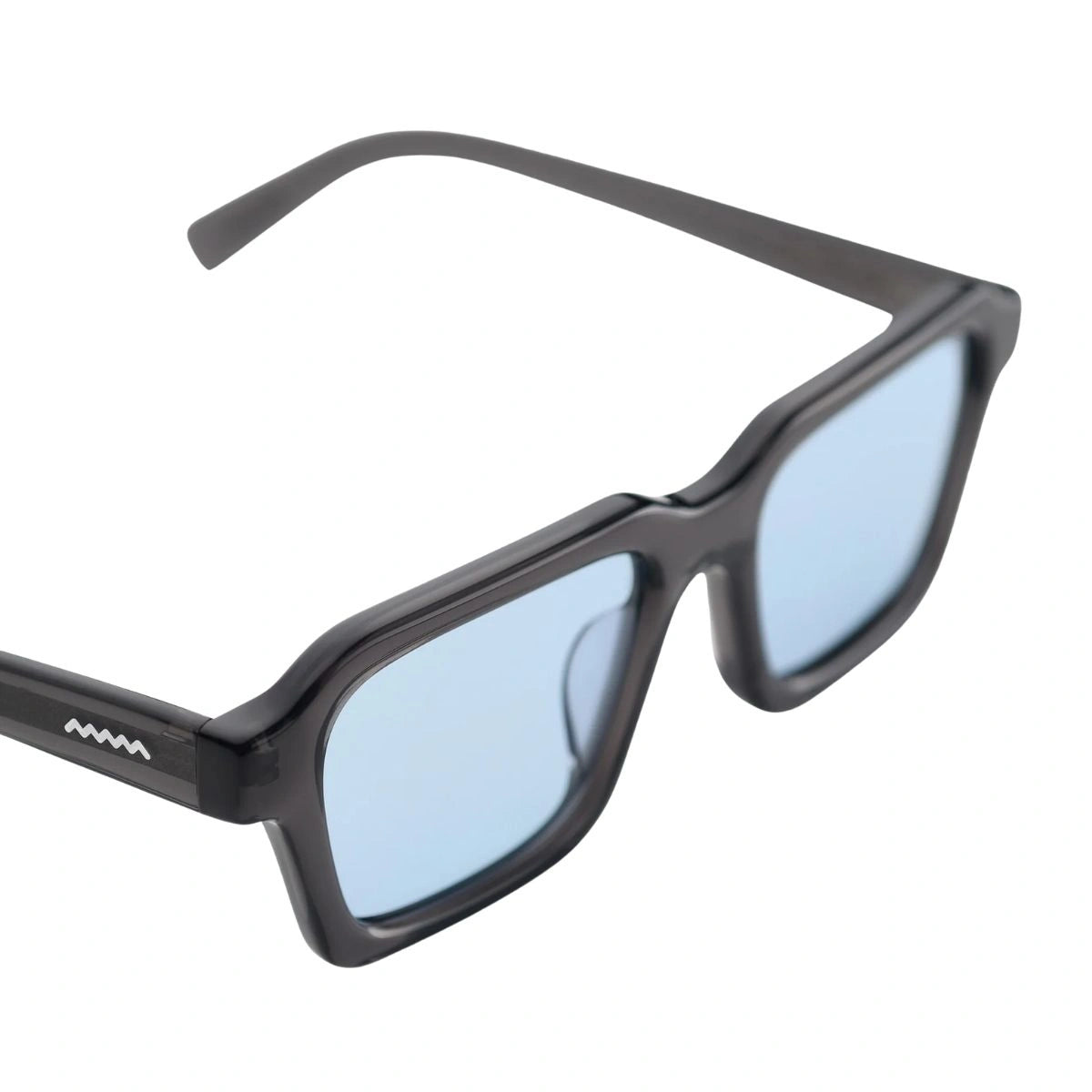 Signature Brain Dead temple logo on AKILA Staunton Blue lens designer sunglasses