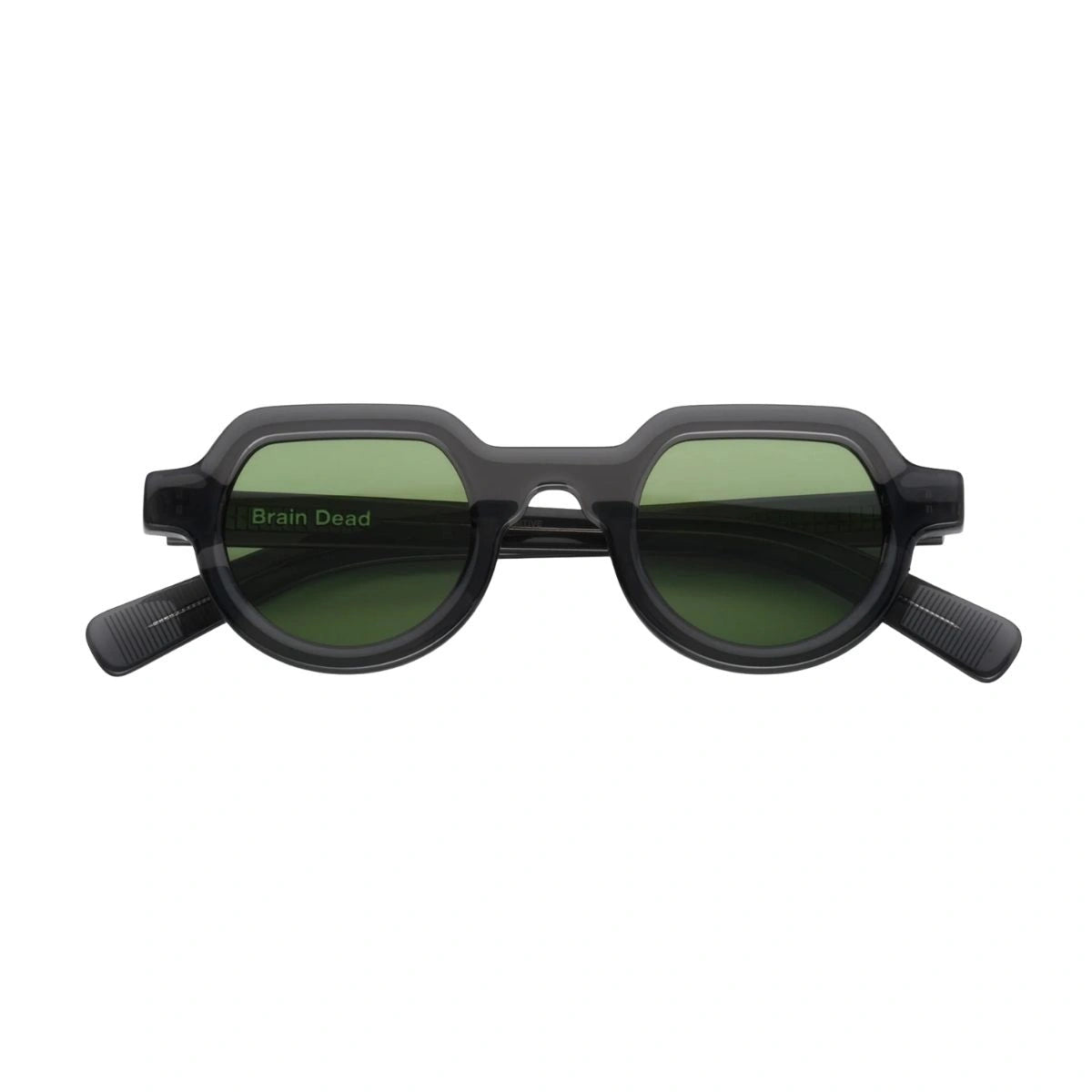 Elegant Brain Dead Tani round eyewear with Art Deco bridge and dark green lenses now