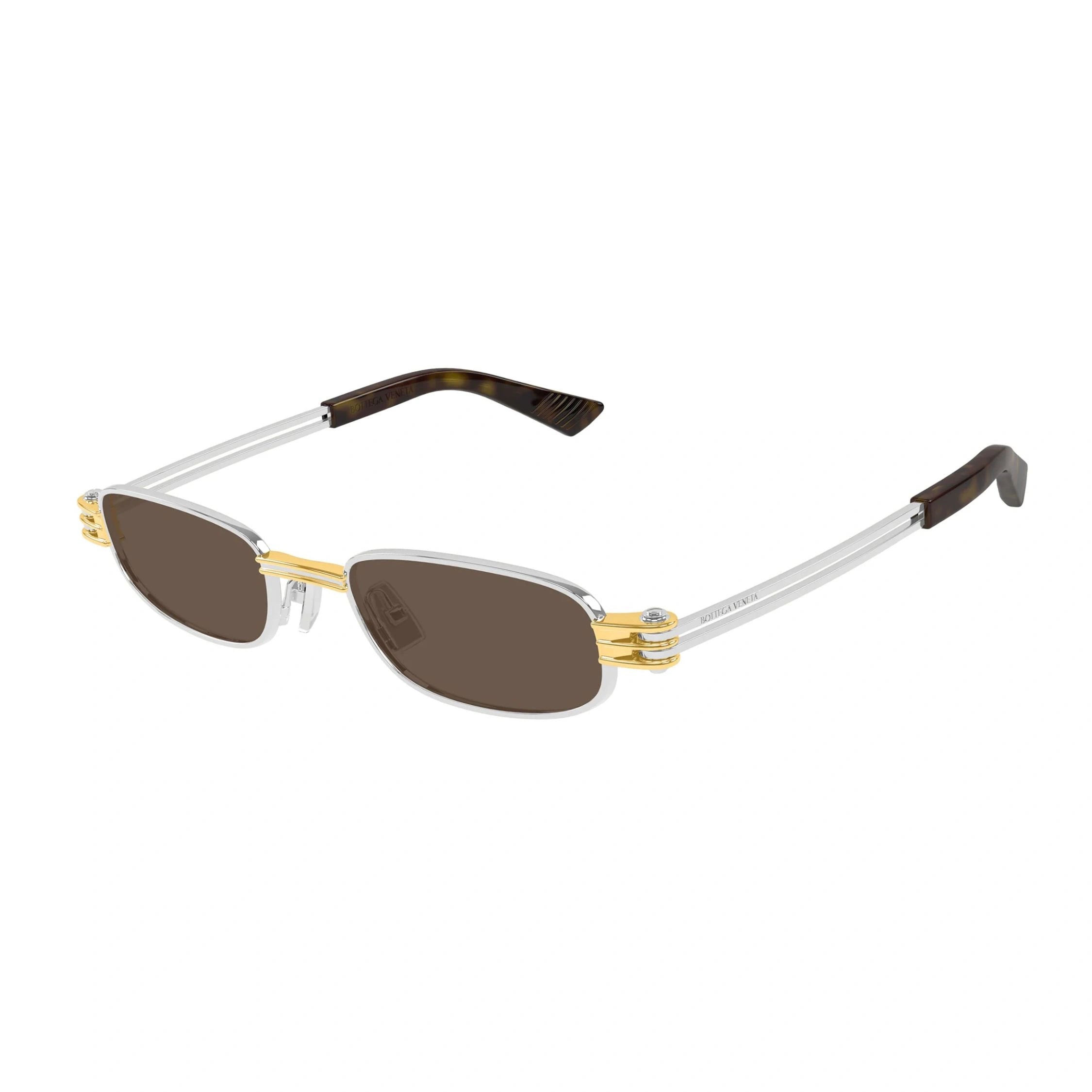 Explore Bottega Veneta BV1381S 001 unisex sunglasses with brown lenses