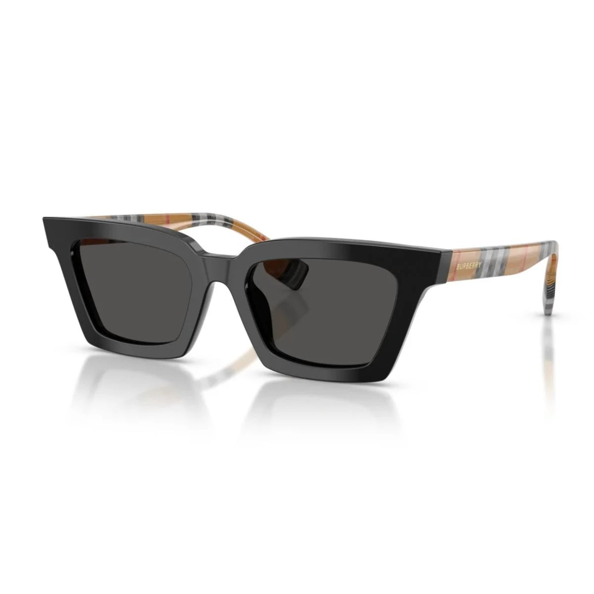 Explore Burberry black cat-eye shades with signature British Vintage Check detailing