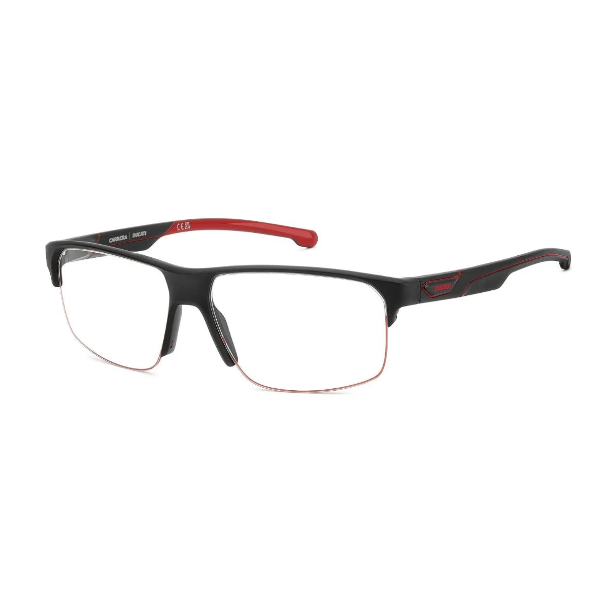 Featuring CARDUC 059 003 men’s optical frames with red nylon rim detail