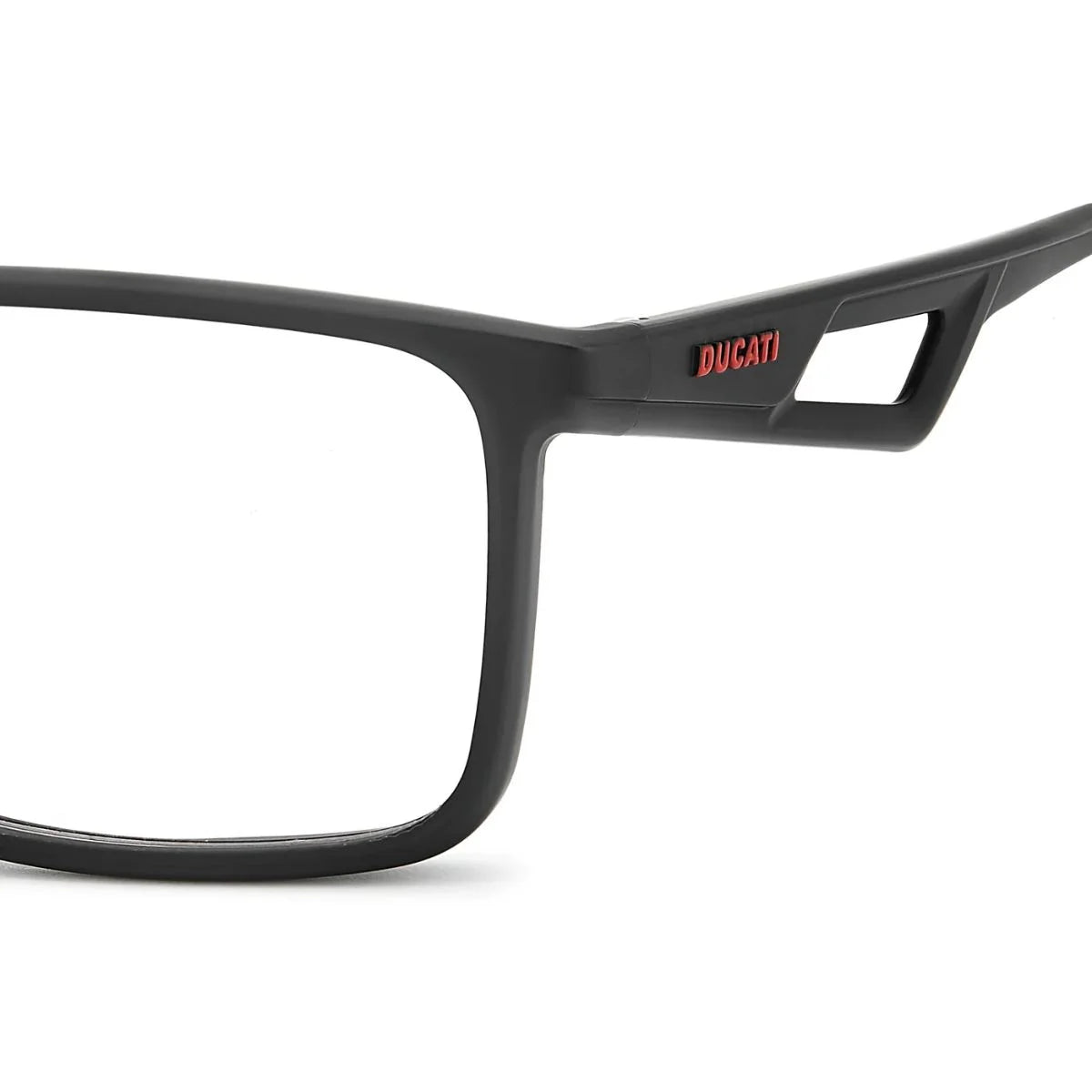 Matte black Carrera Ducati optical frames with signature red temple logo