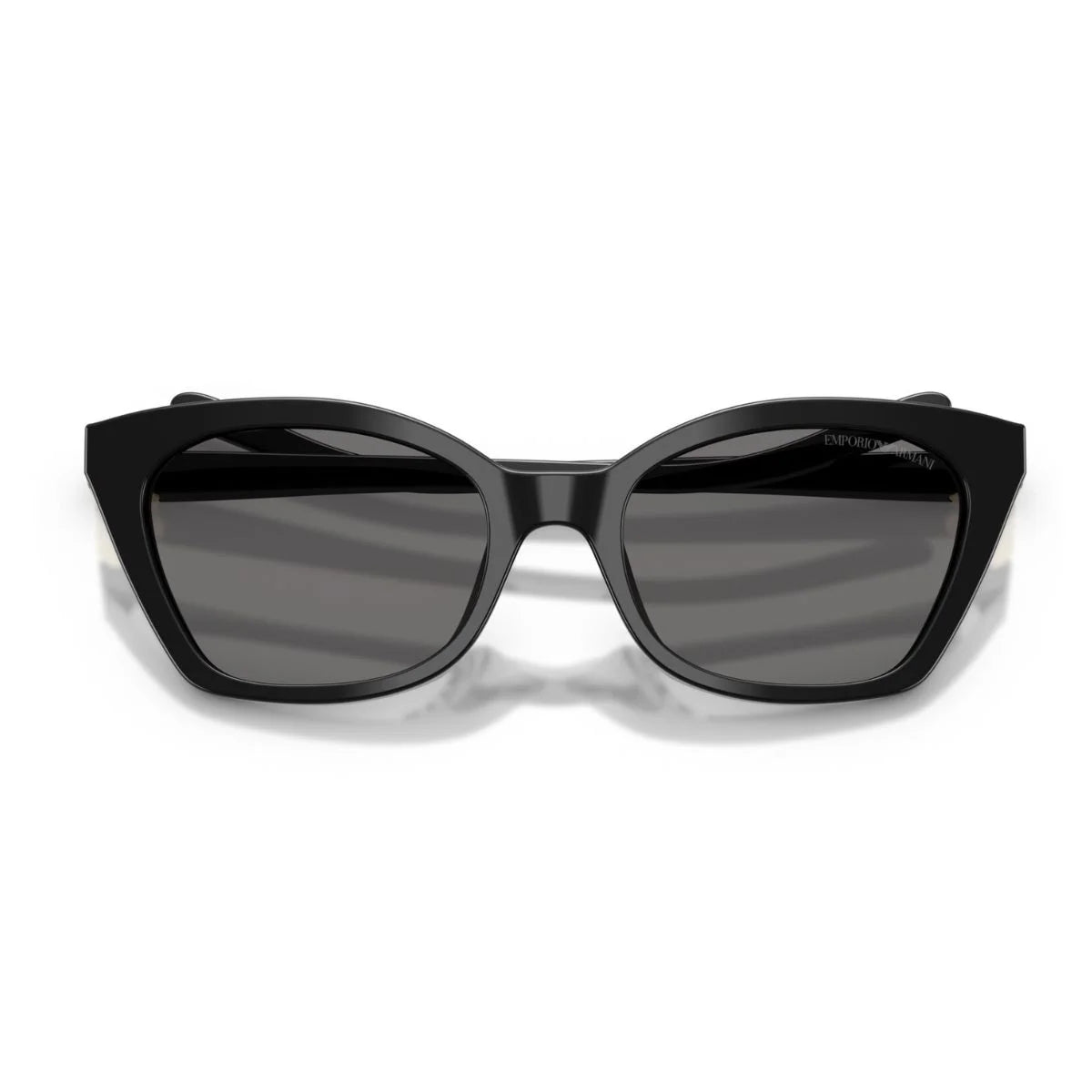 Explore Emporio Armani black cat-eye sunglasses with signature temple branding details