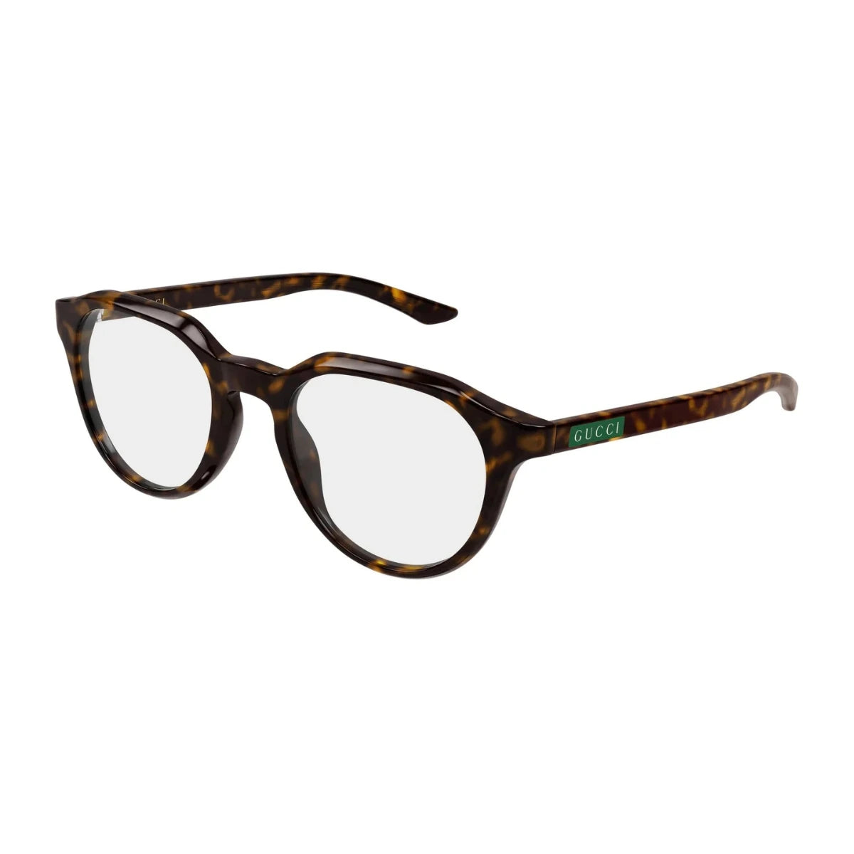 Designer Havana full rim optical frame with gold logo temples by Gucci at Optorium