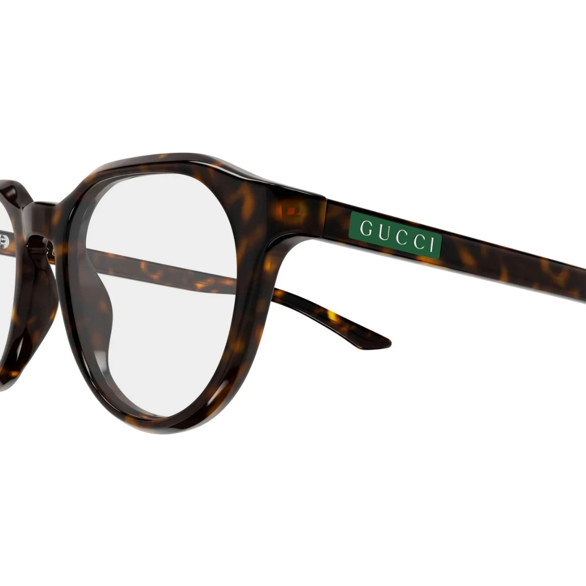Men’s luxury square prescription eyewear with green background Gucci logo detail at Optorium