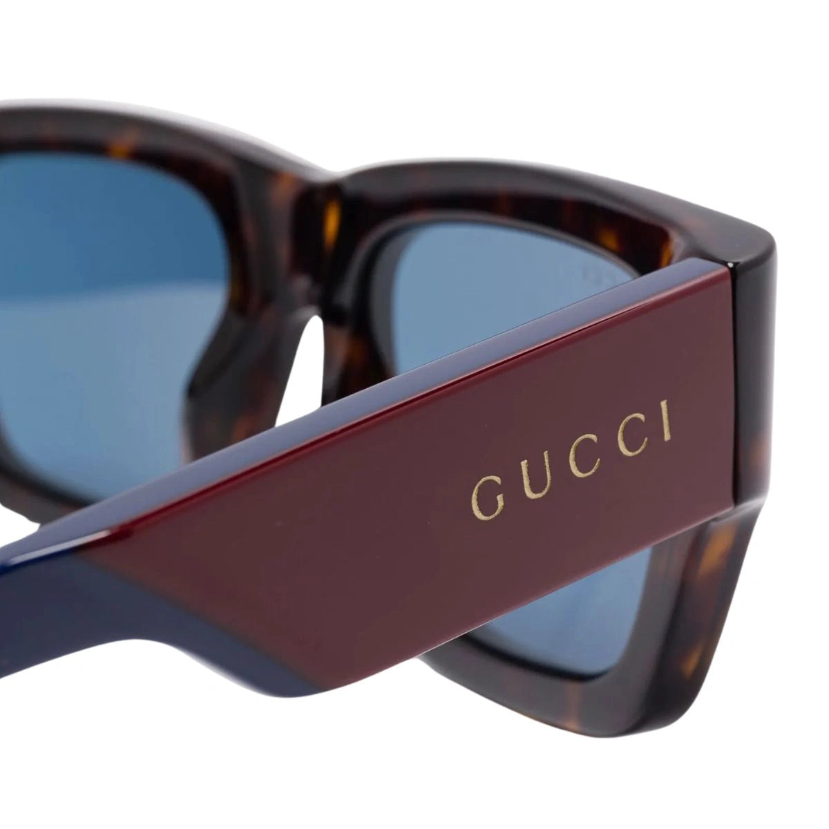 Distinctive Gucci square sunglasses with burgundy and navy temples