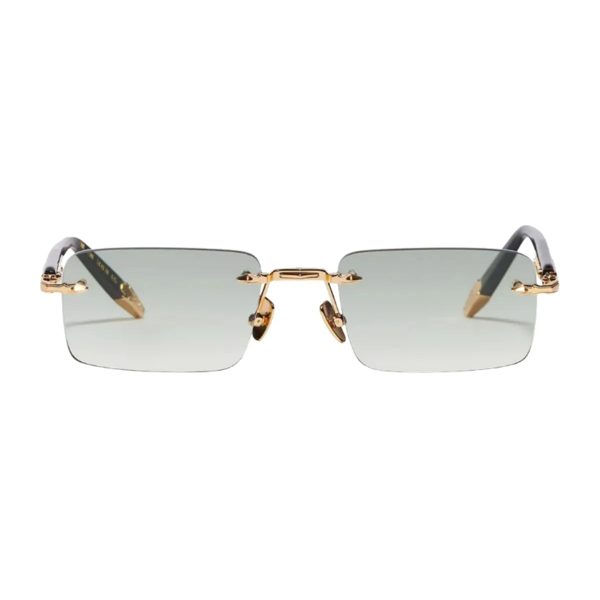 John Dalia R01 C501 rimless rectangle sunglasses with light green lenses at Optorium