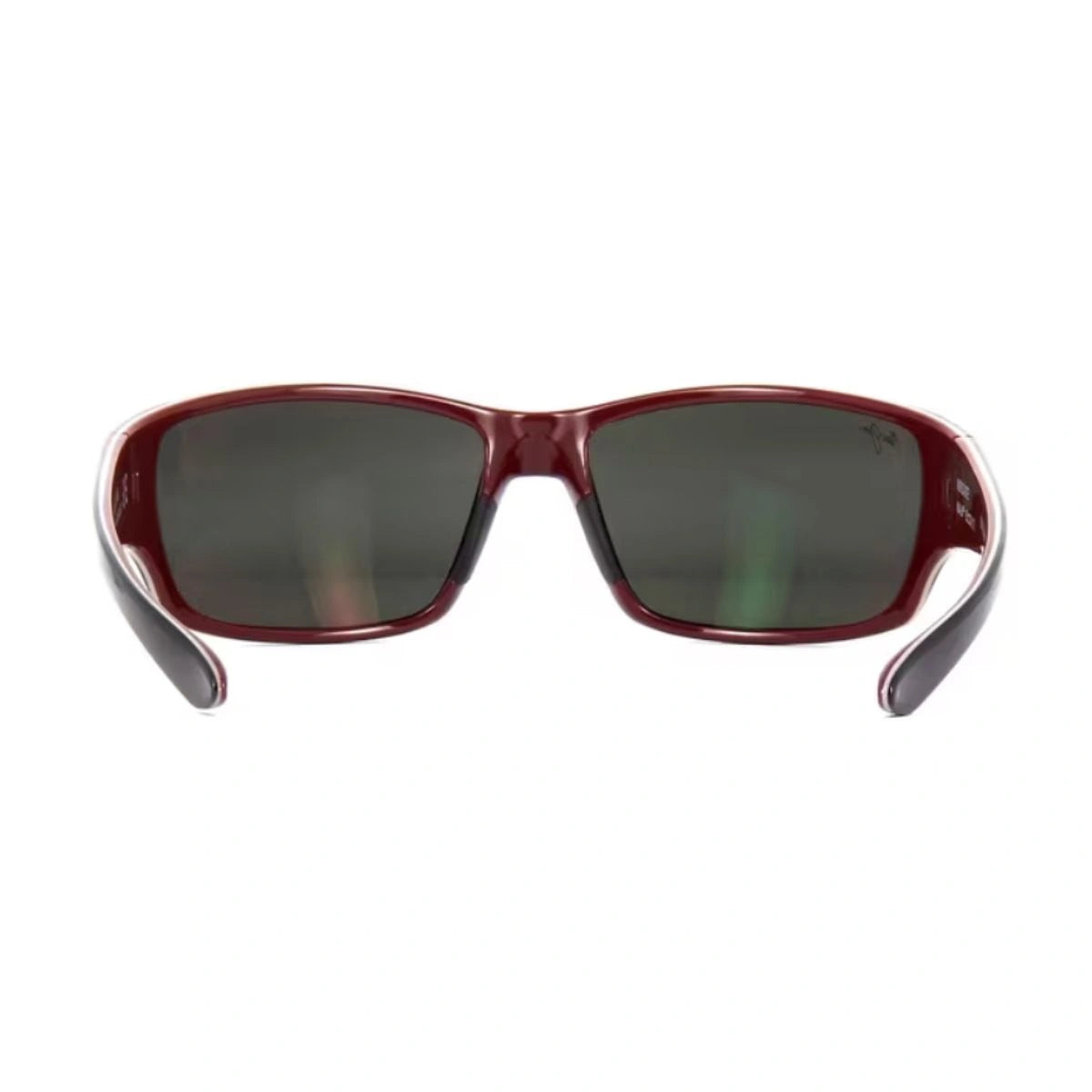 Maui Jim black full-rim wraparound sunglasses with maroon frame accents