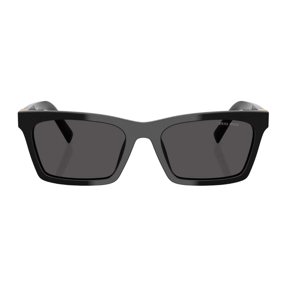 Miu Miu black rectangle sunglasses SMU A05 16K-08Z with grey UV protection lenses at Optorium