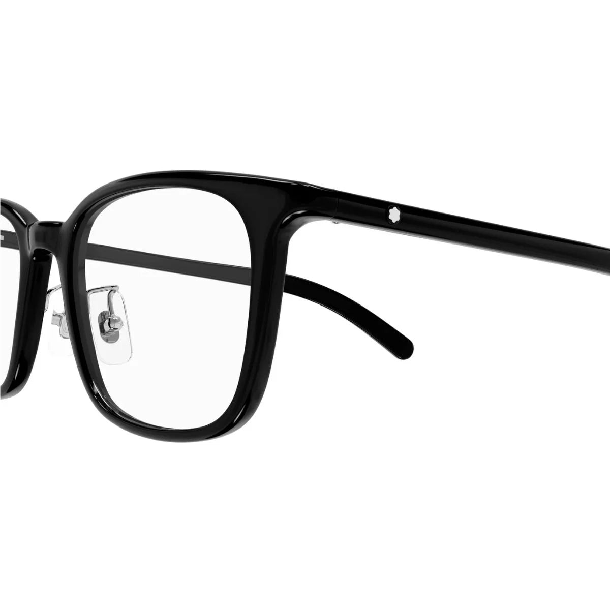 Glossy black recycled acetate Montblanc MB0418OJ 001 eyeglasses in angled view