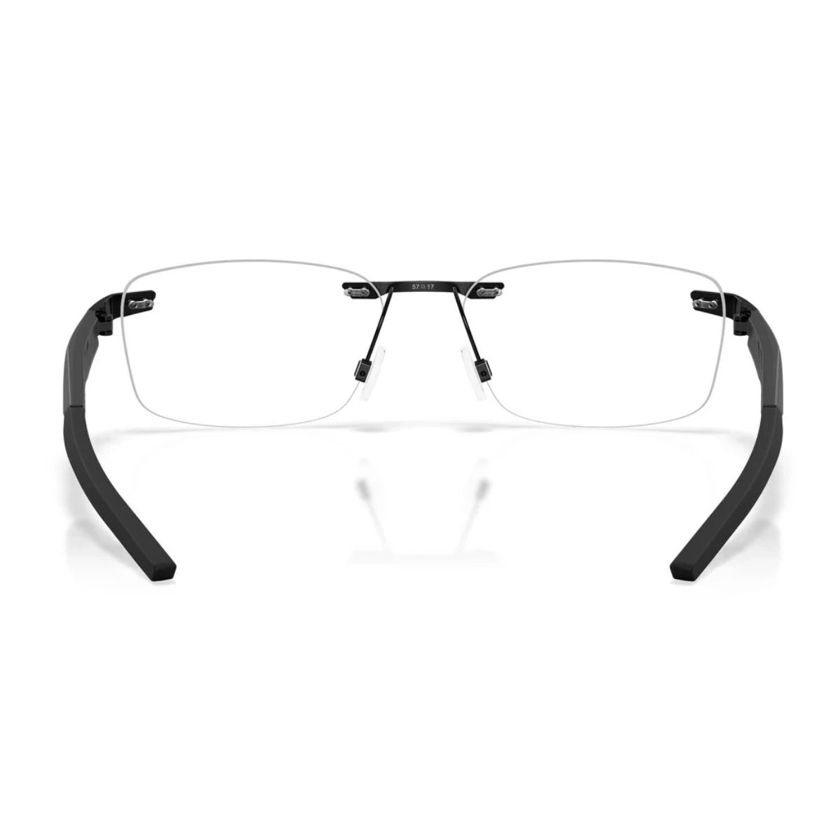 Oakley rimless rectangle optical frame with textured black temples