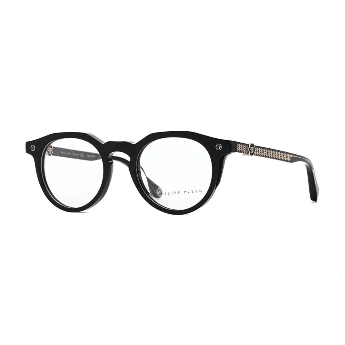 Premium unisex prescription glasses with gold pyramid studs and acetate temples