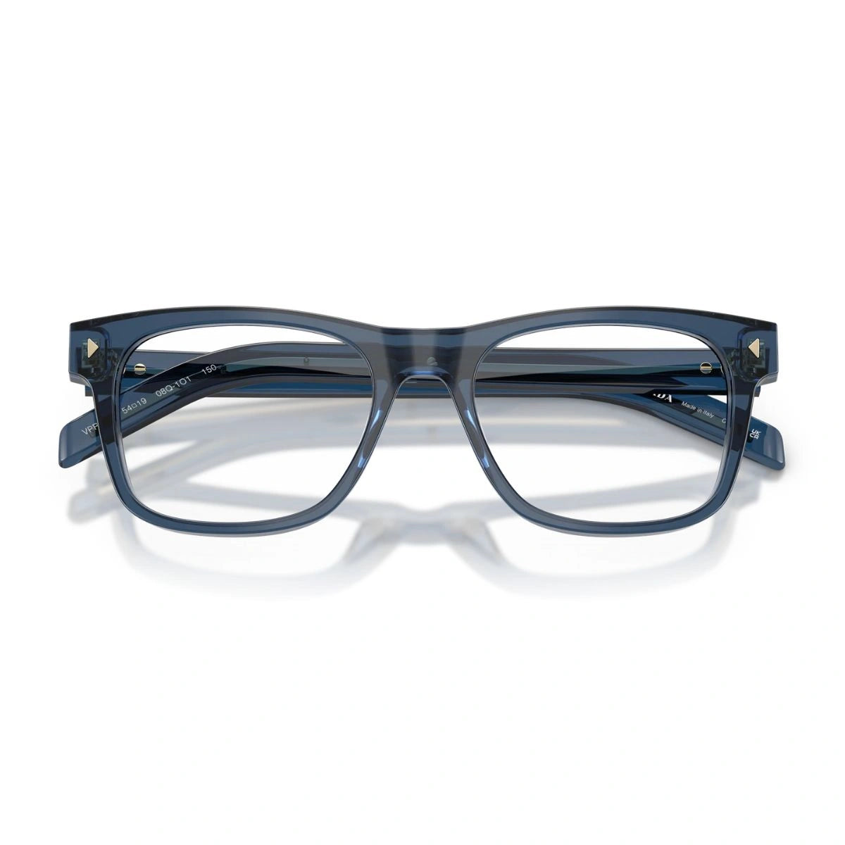 Designer Prada transparent navy blue optical spectacles with gold stripe temples for unisex wear