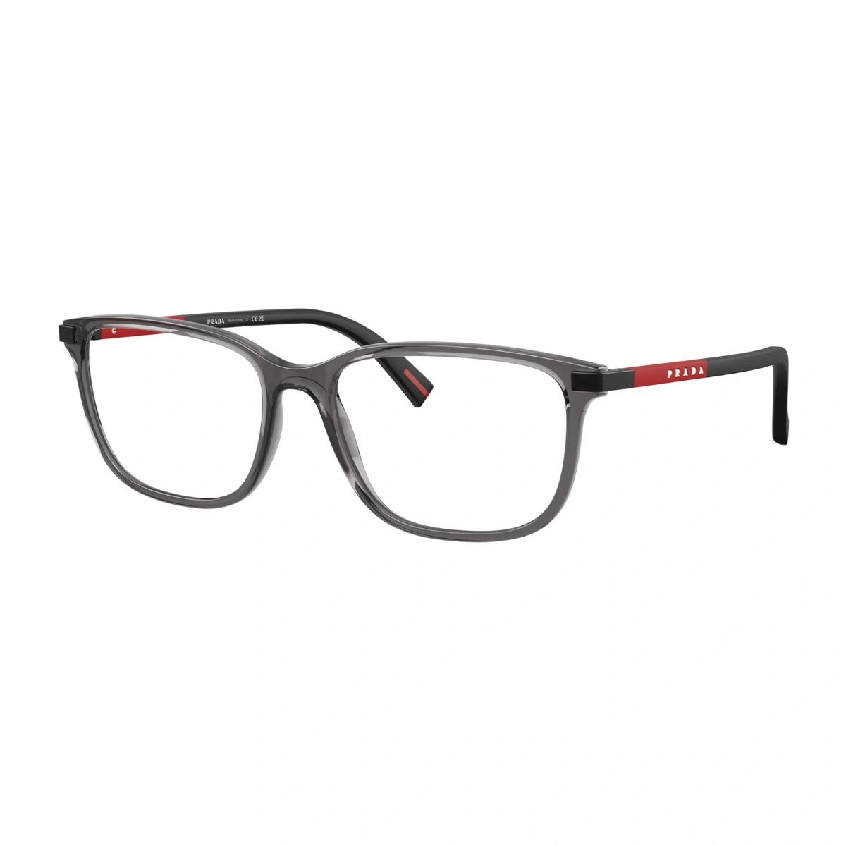 Prada Linea Rossa transparent grey square acetate optical frame with red logo