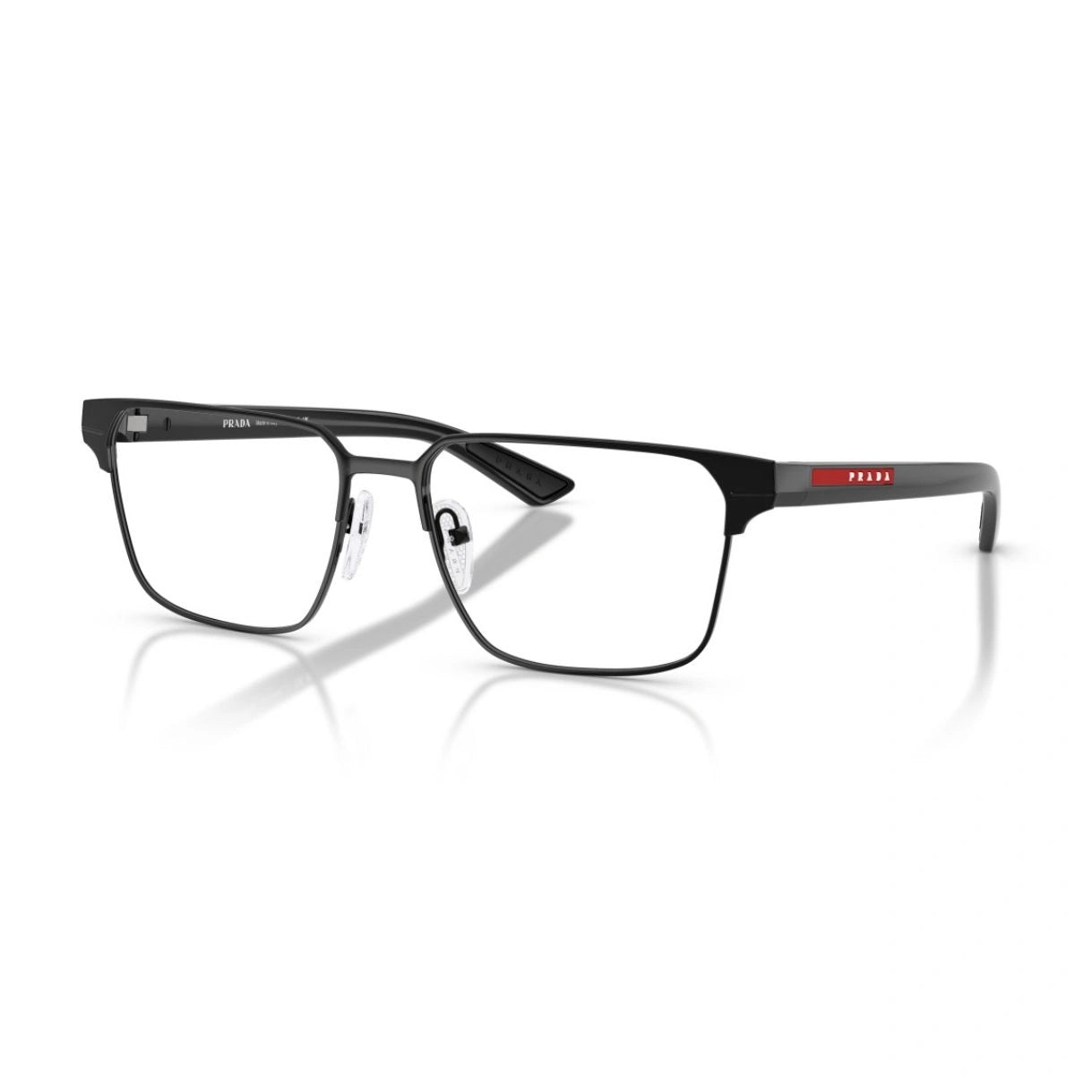 Prada VPS 05T matte black square metal eyeglasses with adjustable nose pads