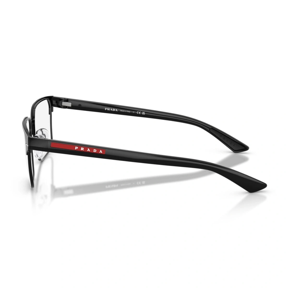 Authentic Prada Linea Rossa black square optical frame side profile at Optorium