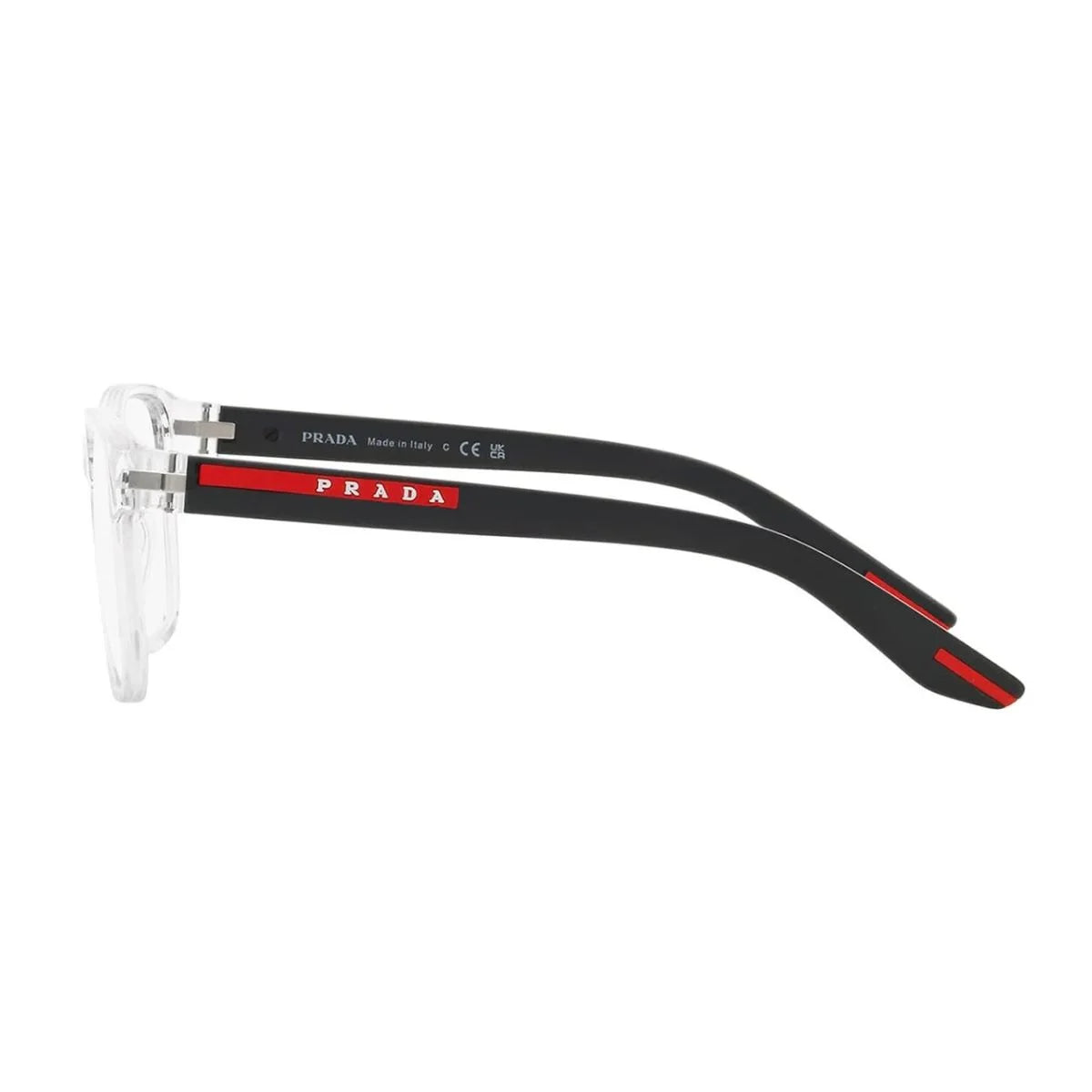 Prada crystal acetate eyeglasses featuring black arms and red branding