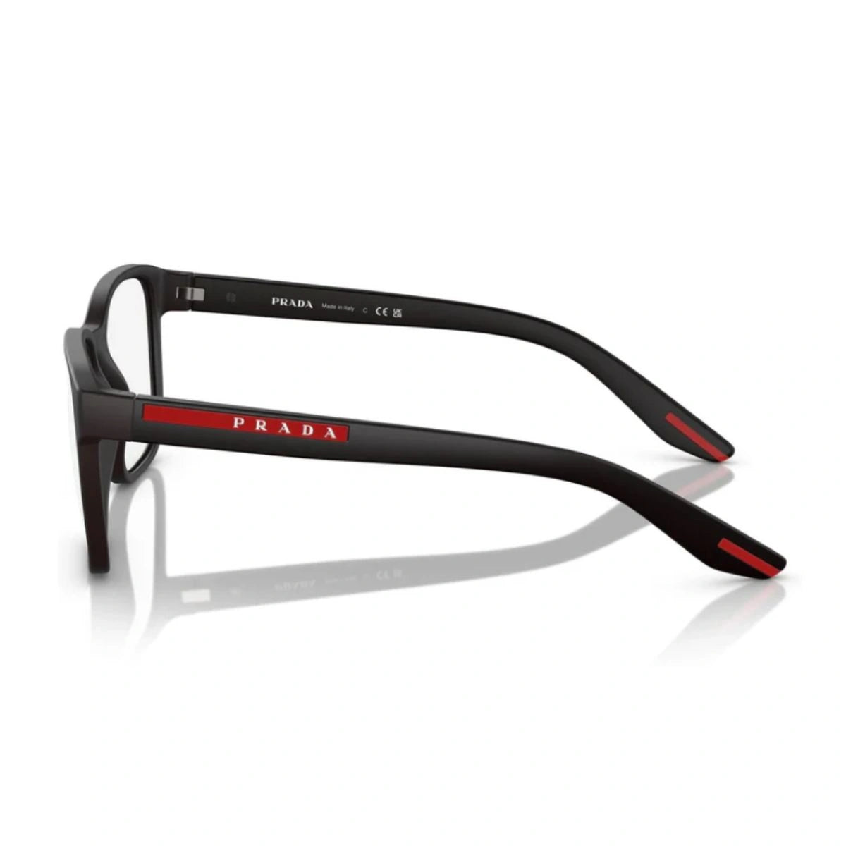 Prada Linea Rossa matte black prescription eyeglasses with red temple logo