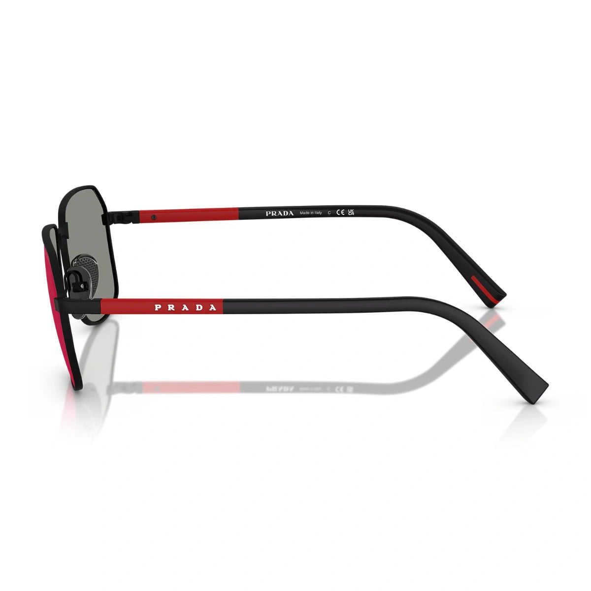 Premium Prada aviator sunglasses with red logo temples and UV lenses