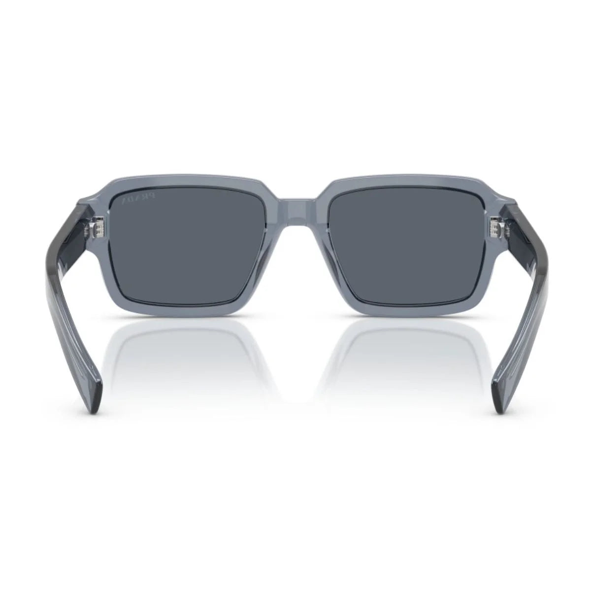 Premium Prada men's eyewear with transparent blue frames and dark blue lenses