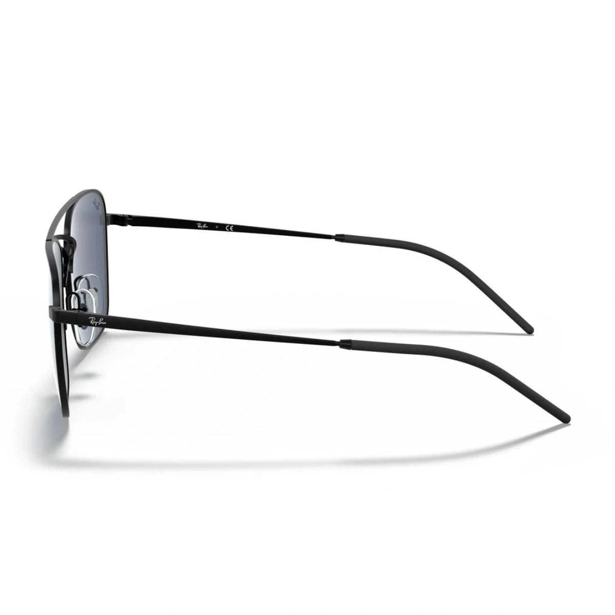 Side profile of Ray-Ban RB3588 metal temple sunglasses with comfortable black tips