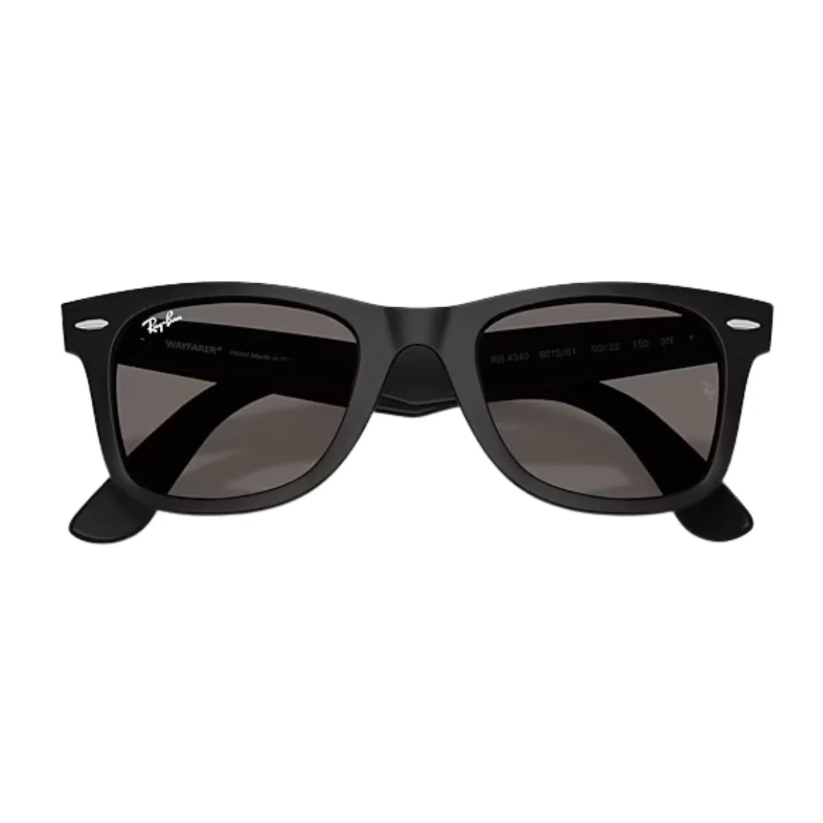 Distinctive Ray-Ban Wayfarer sunglasses with black temples and grey lenses