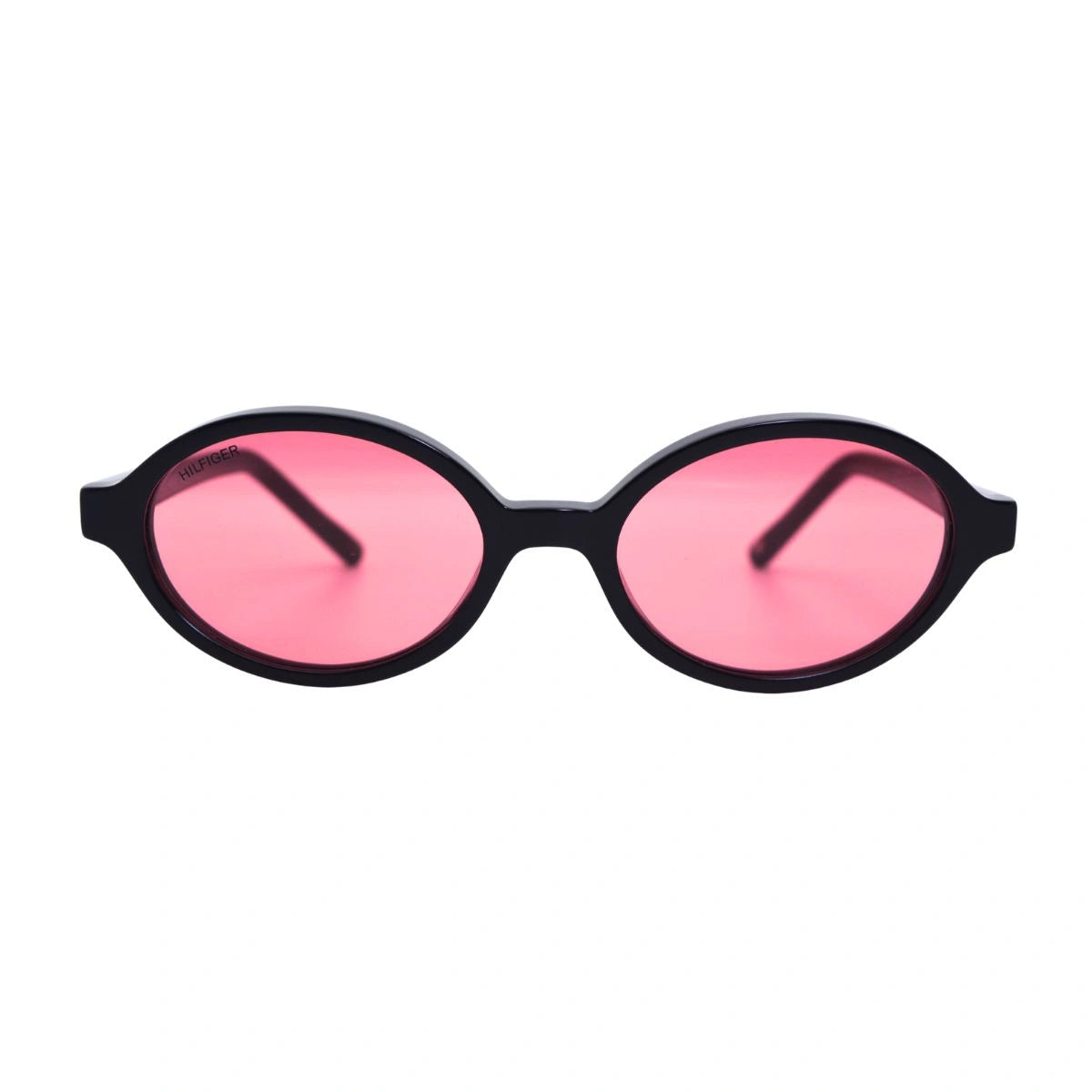 Tommy Hilfiger TH7220 C3 black oval sunglasses featuring vibrant red UV protection lenses